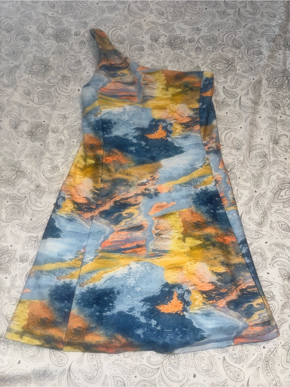 DSG One-Shoulder Abstract A-Line Dress in Blue, Yellow, Orange